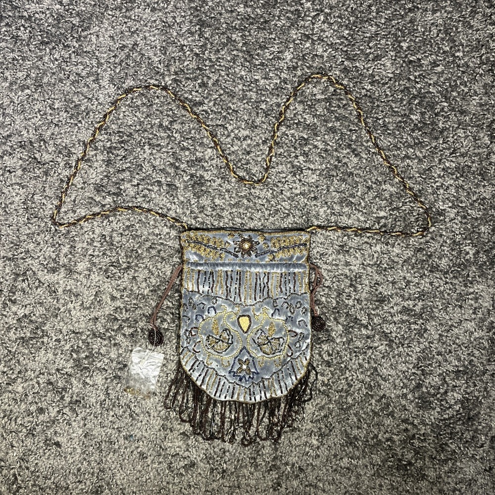 Blue Brown Gold Beaded Crossbody Satchel Purse Boho Extra Beads Drawstring Snap‎